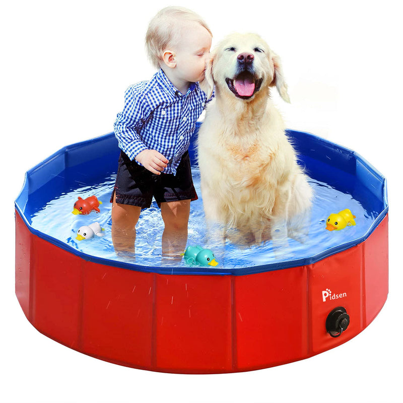 Pidsen Foldable Pet Swimming Pool Portable Dog Pool Kids Pets Dogs Cats Outdoor Bathing Tub Bathtub Water Pond Pool & Kiddie Pools (80 x 20cm) 31.5’’.D*7.87’’.H Red - PawsPlanet Australia