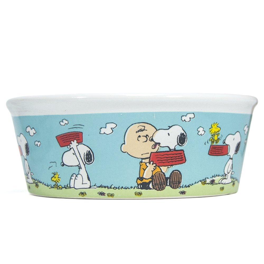 [Australia] - Peanuts Snoopy, Woodstock & Charlie Brown Dog Food Bowl - Heavy Stoneware Pet Dish (5" Wide) 