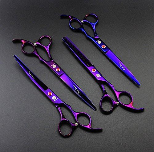 [Australia] - TPC 7.0 Inch Pet Grooming Scissors Set Professional Japan 440C Dog Shears Hair Cutting +2 Curved+ Thinning Scissors with Leather Bag Purple 