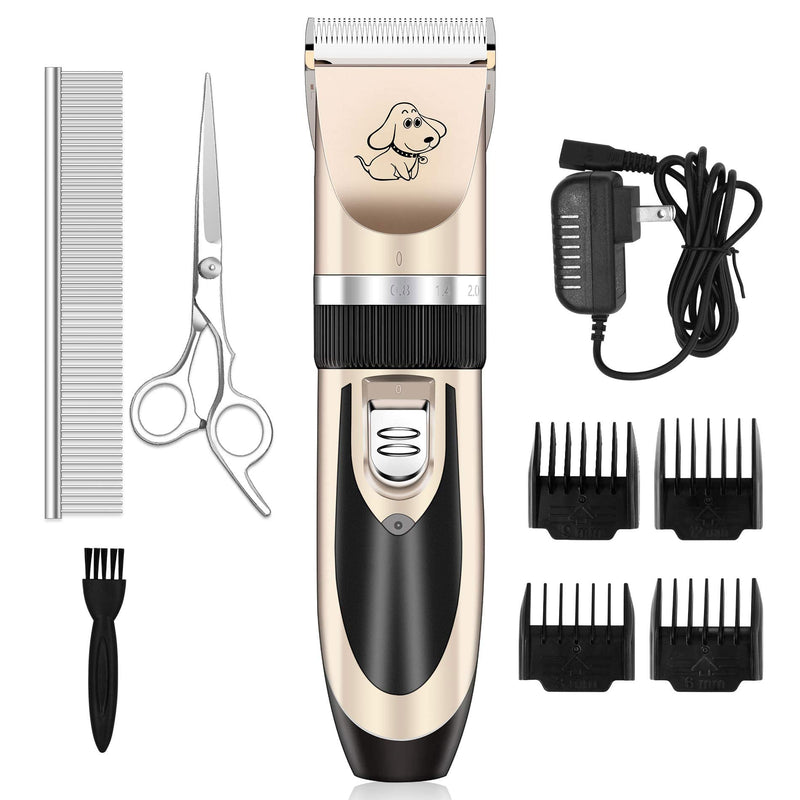 Maxshop Dog Grooming Kit, Low Noise Rechargeable Dogs Shaver Clippers Electric Quiet Dog Hair Trimmer for Dogs and Cats with Comb Guides Scissors Nail Kits (Gold-1) 1_gold - PawsPlanet Australia