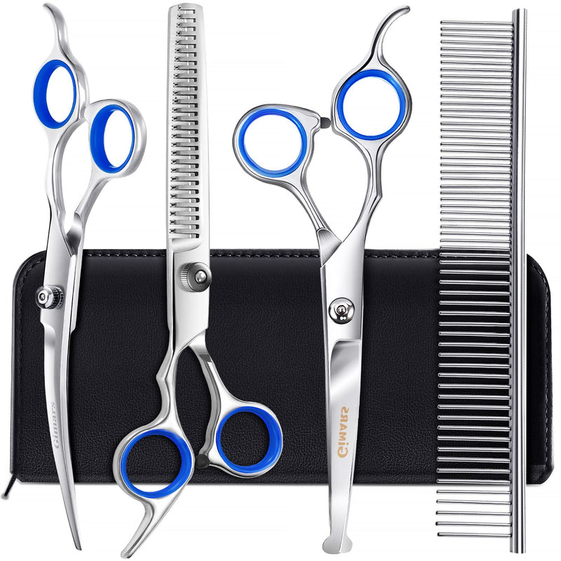 Gimars 5 in 1 Professional 4CR Stainless Steel Safety Round Tip Dog Grooming Scissors Kit, Heavy Duty Titanium Coated Straight & Thinning & Curved Shears & Comb Set for Dog & Cat Grooming - PawsPlanet Australia