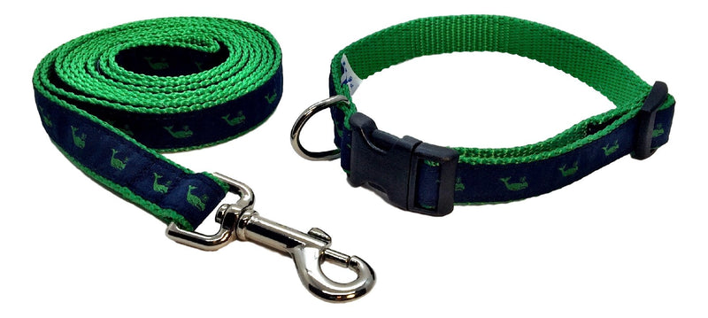 [Australia] - Preston Kelly Green Whale on Navy Dog Collar and Leash Set Navy Blue Ribbon on Green Nylon Webbing Small 