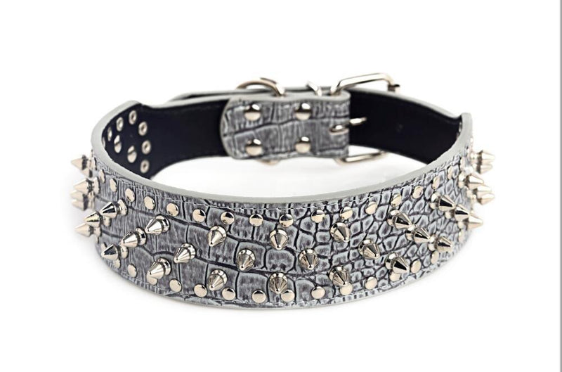 [Australia] - Dogs Kingdom Faux Leather Spiked Studded Dog Collar pet Collar Pitbull, Boxer S Grey 