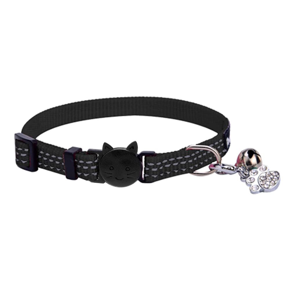 BINGPET Safety Nylon Reflective Cat Collar Breakaway Adjustable Cats Collars with Bell and Bling Paw Charm Black - PawsPlanet Australia