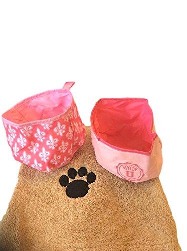 [Australia] - Butler in the Home Dog Drying Towel Paw Print 34" x 25" Super Absorbent Includes Bonus 2 Pack of Travel Portable Dog Food Bowls Dog Drying Towel with 2 Pink Travel Food Bowls 