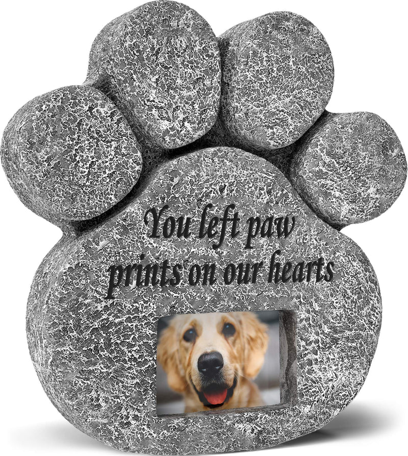 'You Left Paw Prints On Our Hearts' Paw Print Pet Memorial Stone, Grave Marker with Customizable Photo Frame Slot, Loss Of Pet Gift, Personalized Dog or Cat Memorial Headstone, 8.25” x 8” x 1.5” - PawsPlanet Australia