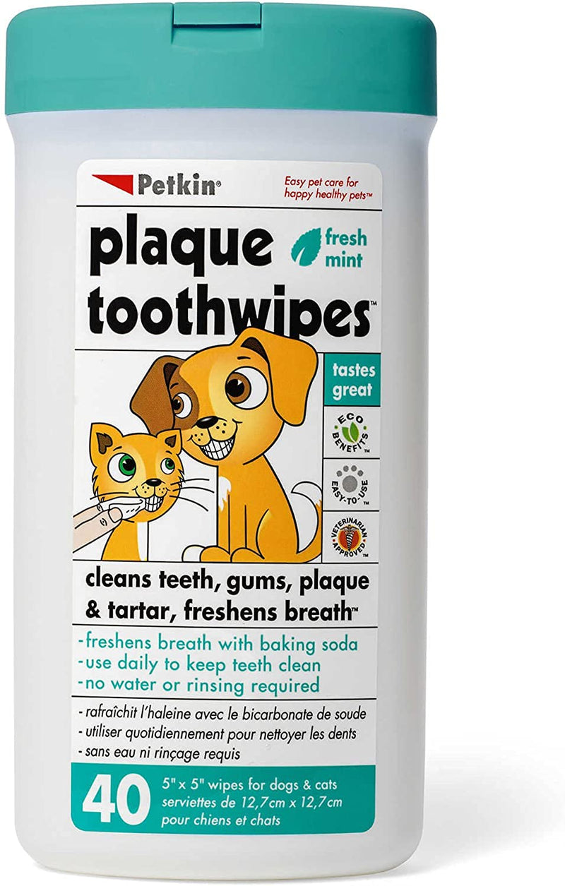 Petkin Plaque Toothwipes, Fresh Mint Wipes - Natural Formula Cleans Teeth, Gums & Freshens Breath - Convenient, & Easy to Use Oral Care Dental Pet Wipes for Dogs, Cats, Puppies & Kittens 1 Pack - 40 Wipes - PawsPlanet Australia