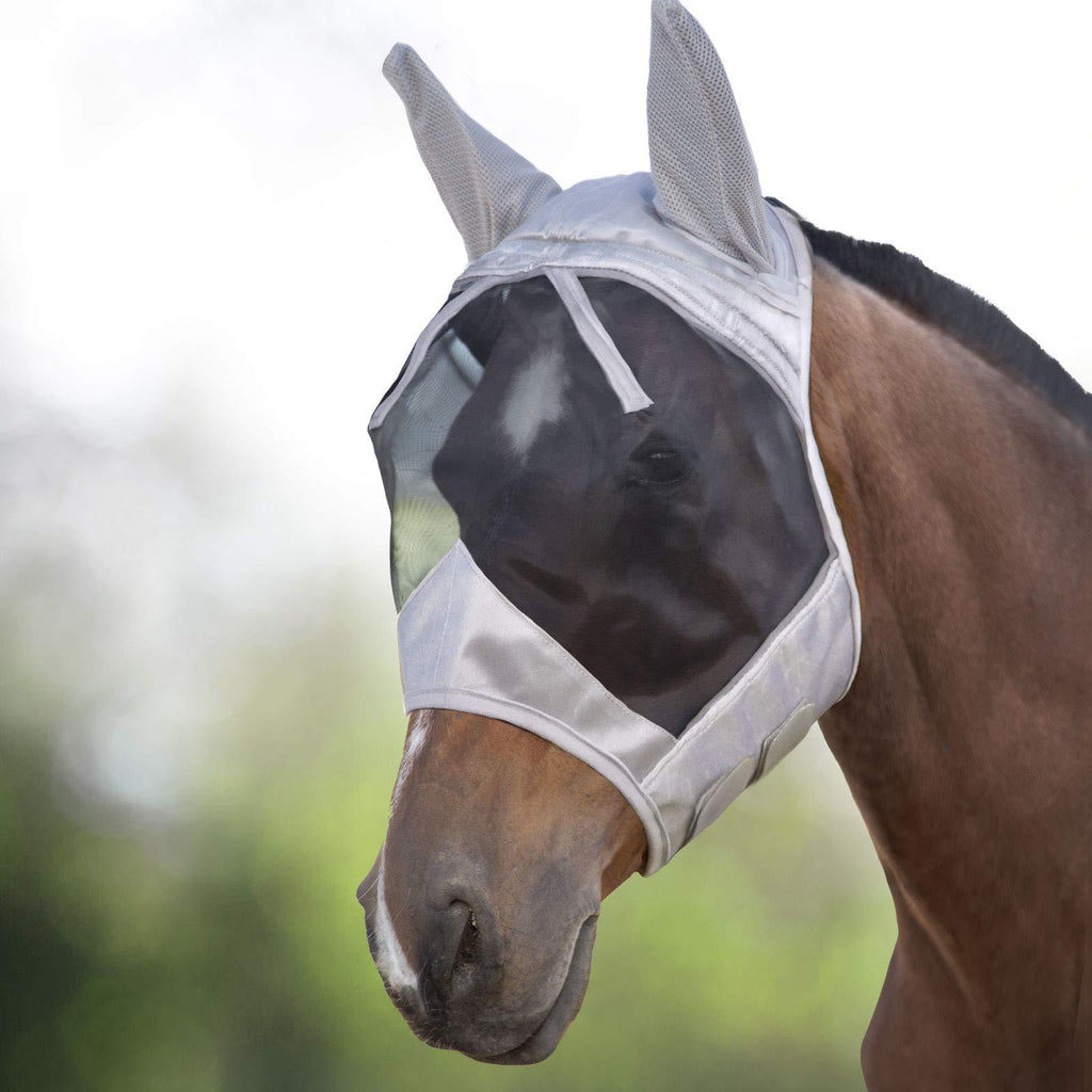 Harrison Howard CareMaster Fly Mask Standard with Ears Silver/Black Retro Cob (Medium) - PawsPlanet Australia