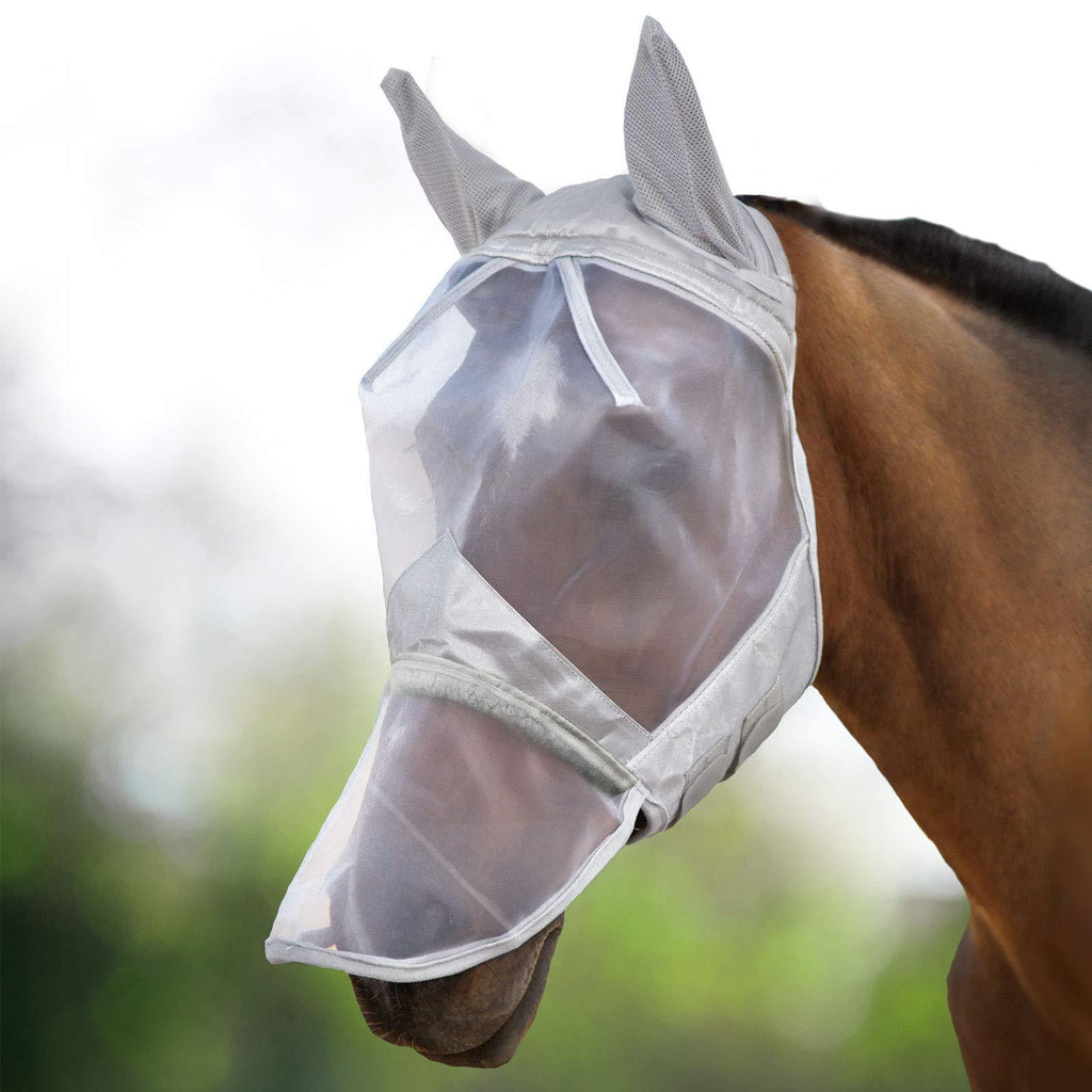 Harrison Howard CareMaster Horse Fly Mask Long Nose with Ears Moonlight Silver Cob (Medium) - PawsPlanet Australia