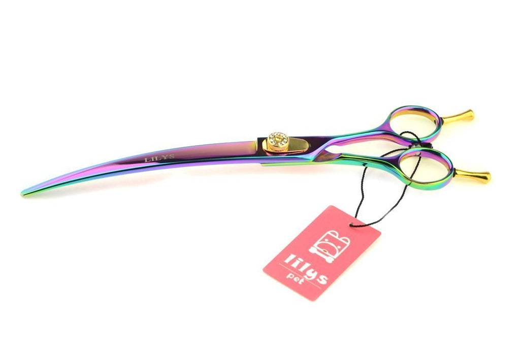 [Australia] - LILYS PET HIGH-END Series 8-Inch Japan 440C Rainbow Color Pet Grooming Two-Way Curved Scissor,Delicate Gold Screw with Drilling 