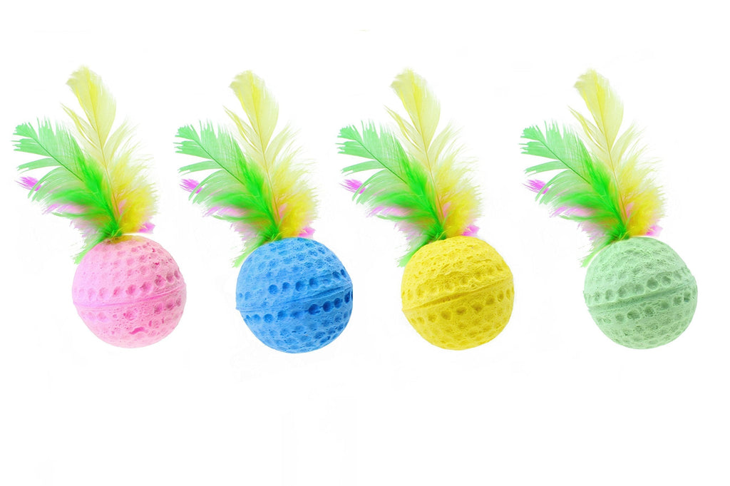 [Australia] - Nargos 1.5 Dia Colorful Golf Sponge Balls Cats Toys with Feathers 4 Pack 