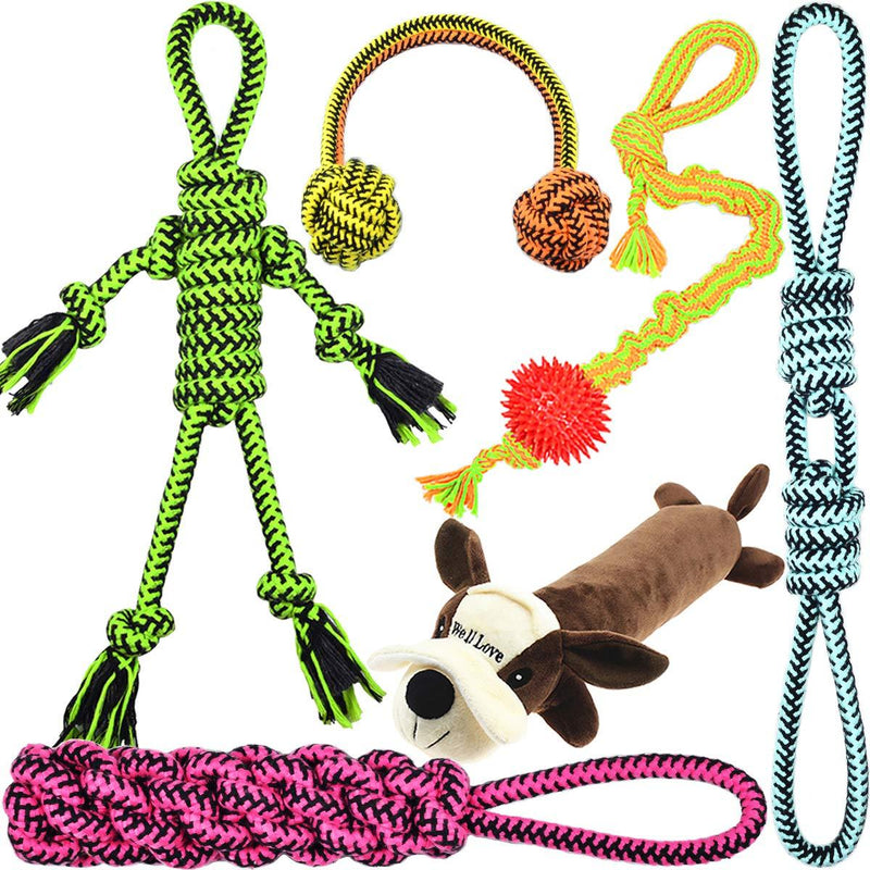 [Australia] - [Upgrade Version] Well Love Dog Toys - Chew Toys - 100 Natural Cotton Rope - Squeak Toys - Dog Balls - Dog Bones - Plush Dog Toy - Dog Ropes - Tug of War Ball - Toys for Dog 6pack Set Black 
