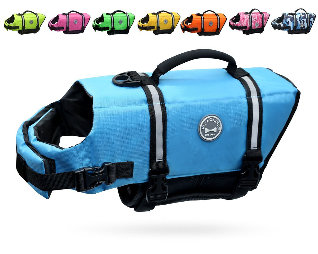 [Australia] - Vivaglory Ripstop Dog Life Jackets, Reflective & Adjustable Preserver Vest with Enhanced Buoyancy & Rescue Handle for Swimming Boating & Canoeing Medium Blue 