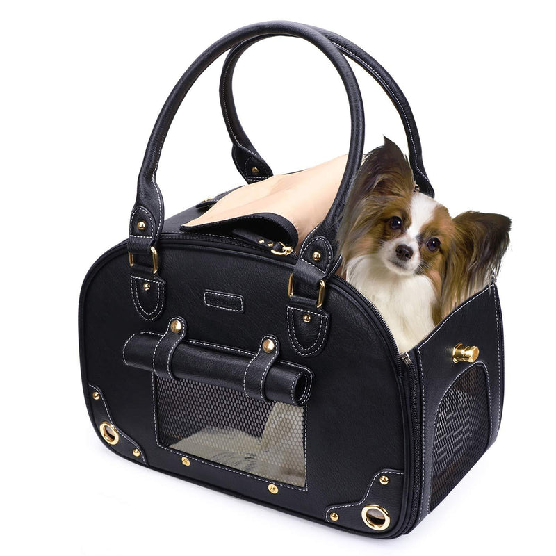 [Australia] - PetsHome Dog Carrier, Pet Carrier, Cat Carrier, Foldable Waterproof Premium PU Leather Pet Purse Portable Bag Carrier for Cat and Small Dog Home & Outdoor A-Black 
