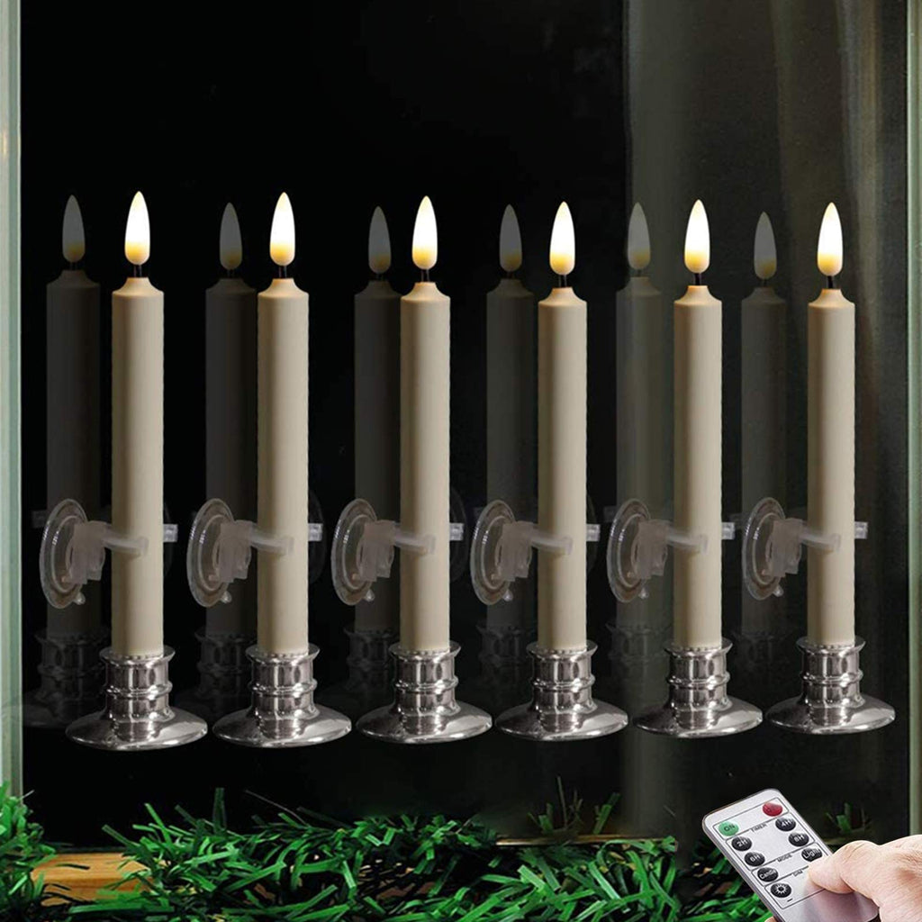 6PACK Flameless Battery Powered Ivory Taper Windows Candles with Remote and Timer & Candlestick, with Clips, Suction Cup,and Removable Silver Candleholders, Remote Included, Patented Silver Candleholder - PawsPlanet Australia