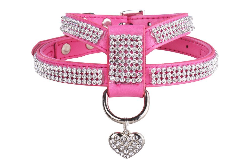 EXPAWLORER Dog Harness Genuine Leather Soft Padded Pet Sparkly Rhinestone Vest with Heart Pendant for Puppy Cat , Pink (S, Pink) S - PawsPlanet Australia