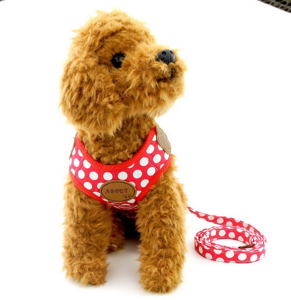 [Australia] - SELMAI Small Dog Harness Vest Leash Set Polka Dot/Camo Mesh Padded No Pull Leads for Puppy Pet Cat Medium Red 
