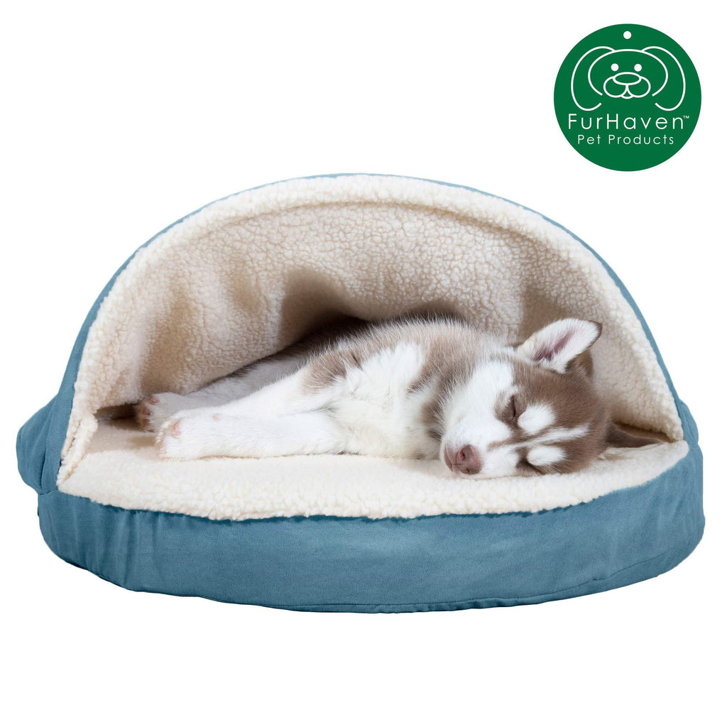 [Australia] - Furhaven Pet Dog Bed | Therapeutic Round Cuddle Nest Snuggery Burrow Blanket Pet Bed w/ Removable Cover for Dogs & Cats - Available in Multiple Colors & Styles 26" Base Orthopedic Foam Sherpa Blue 