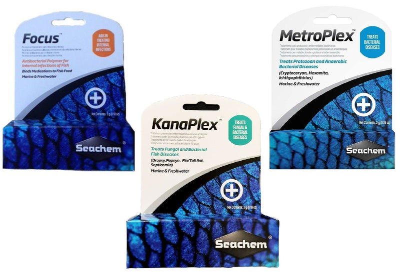 Seachem 3 Piece Treatment Kit, 1-Focus, 1-Metroplex, and 1-Kanaplex (5 Grams Each) - PawsPlanet Australia