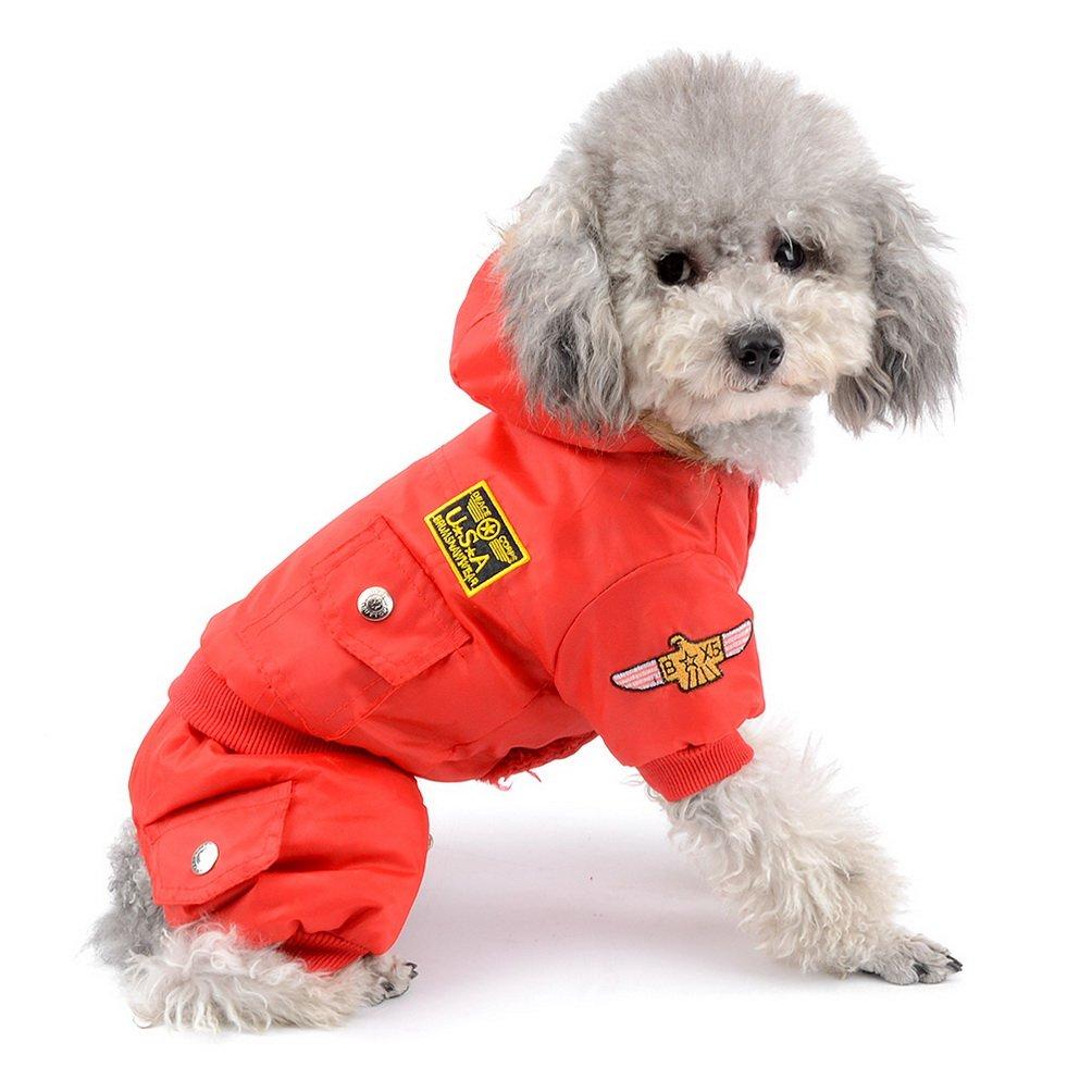 SELMAI Small Dog Apparel Airman Fleece Winter Coat Snowsuit Hooded Jumpsuit Waterproof (This Style Run Small, pls take a Measure of Your furbaby and Choose one Size Larger) M (Chest:16.9";Back:11.4",for 5-8lbs) Red - PawsPlanet Australia