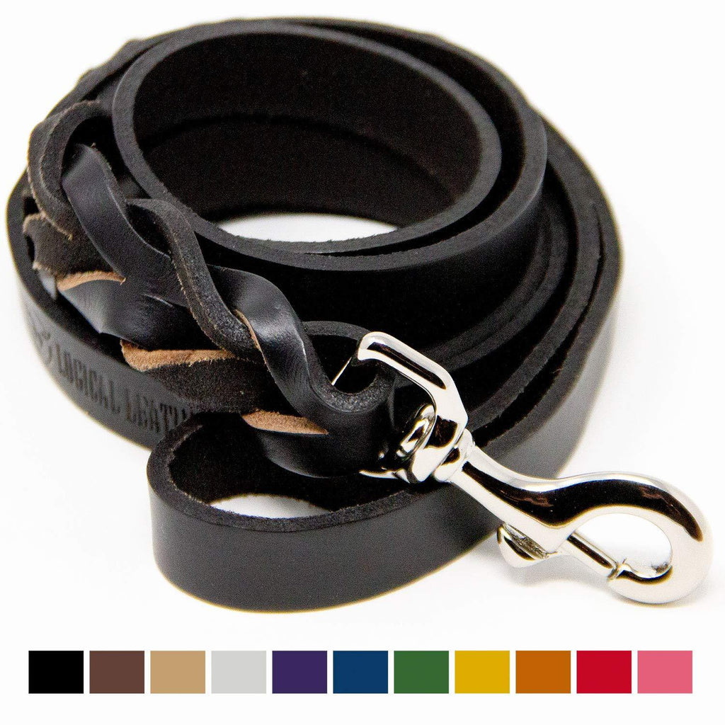 [Australia] - Logical Leather 6 Foot Braided Dog Leash - Heavy Duty Full Grain Leather Lead; Best for Training Black 