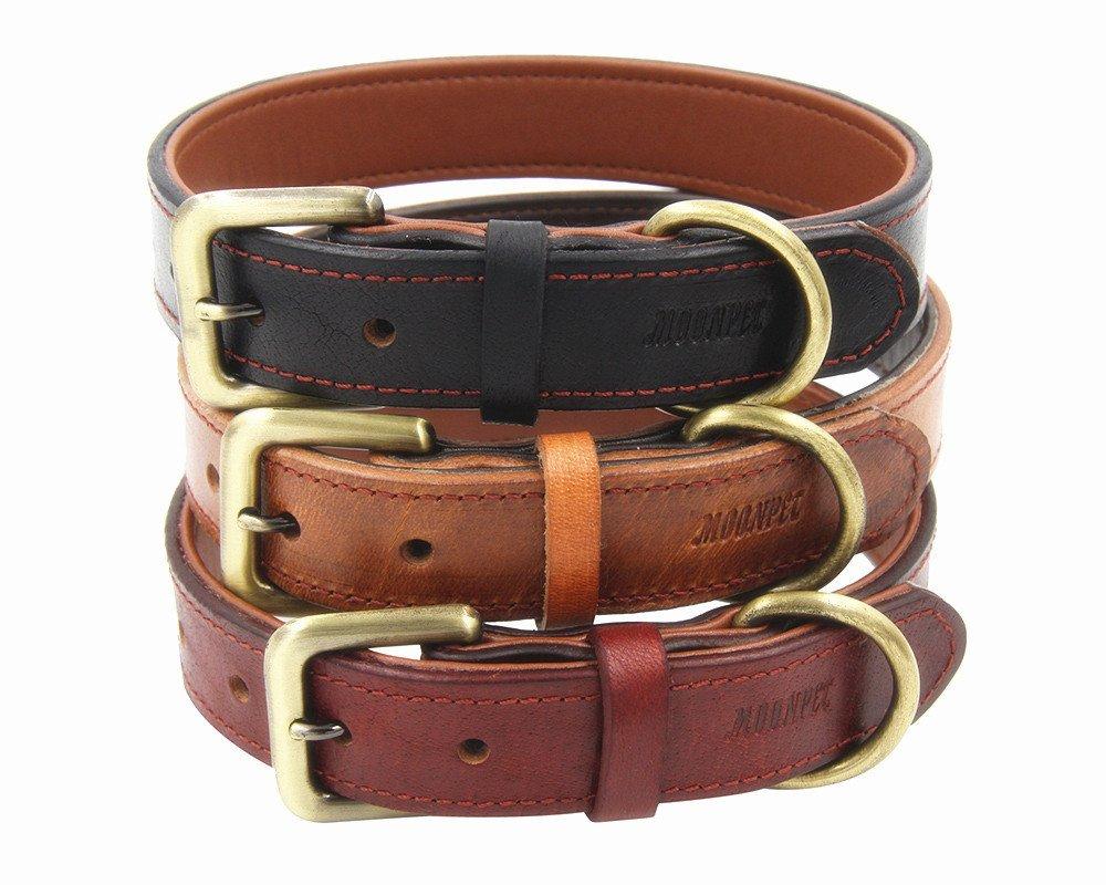 [Australia] - Moonpet Soft Padded Real Genuine Leather Dog Collar - Best Full Grain Heavy Duty Dog Collar - Durable Strong Adjustable for Small Medium Large X-Large Male Female Dogs Walking Running Training M,16-20'' Light Brown 