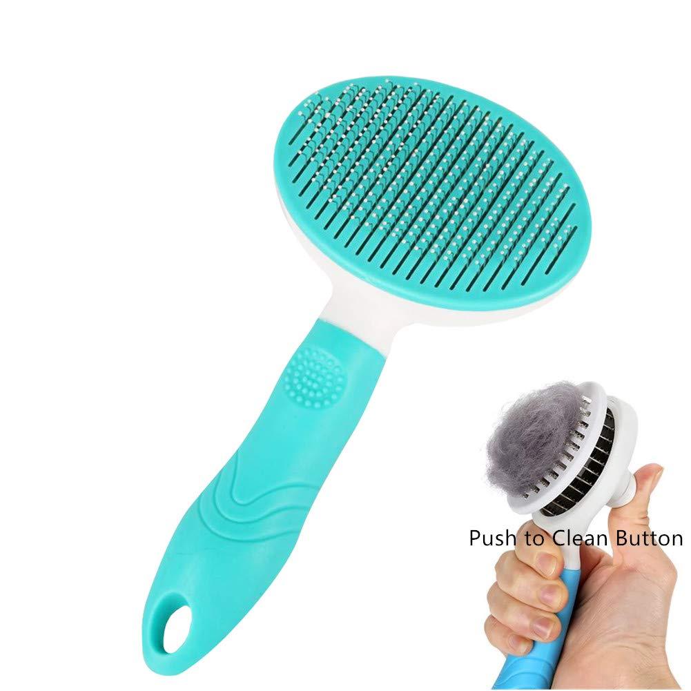 [Australia] - Best Self Cleaning Button Pet Comb Brush Shedding Slicker Non-Slip Handle for Cat Dog Grooming Gently Removes Tangled Matted Fur Protective Round Tip Stainless Steel Pin Blue 
