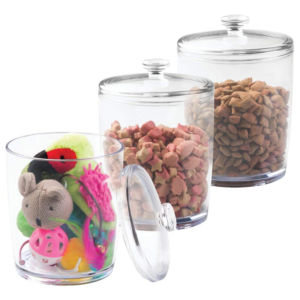 mDesign Tall Plastic Pet Storage Canister Jar with Lid - Holds Cat/Kitten Food, Treats, Toys, Medical, Dental and Grooming Supplies - Medium - 3 Pack - Clear - PawsPlanet Australia