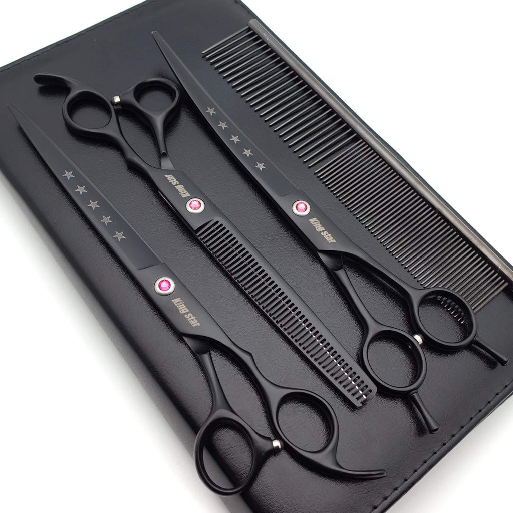 Kingstar Professional Pet Grooming Scissors Set Straight Scissors Thinning Scissors Curved Scissors with Comb case Comb 8 inches 8 inches black 3pcs set - PawsPlanet Australia