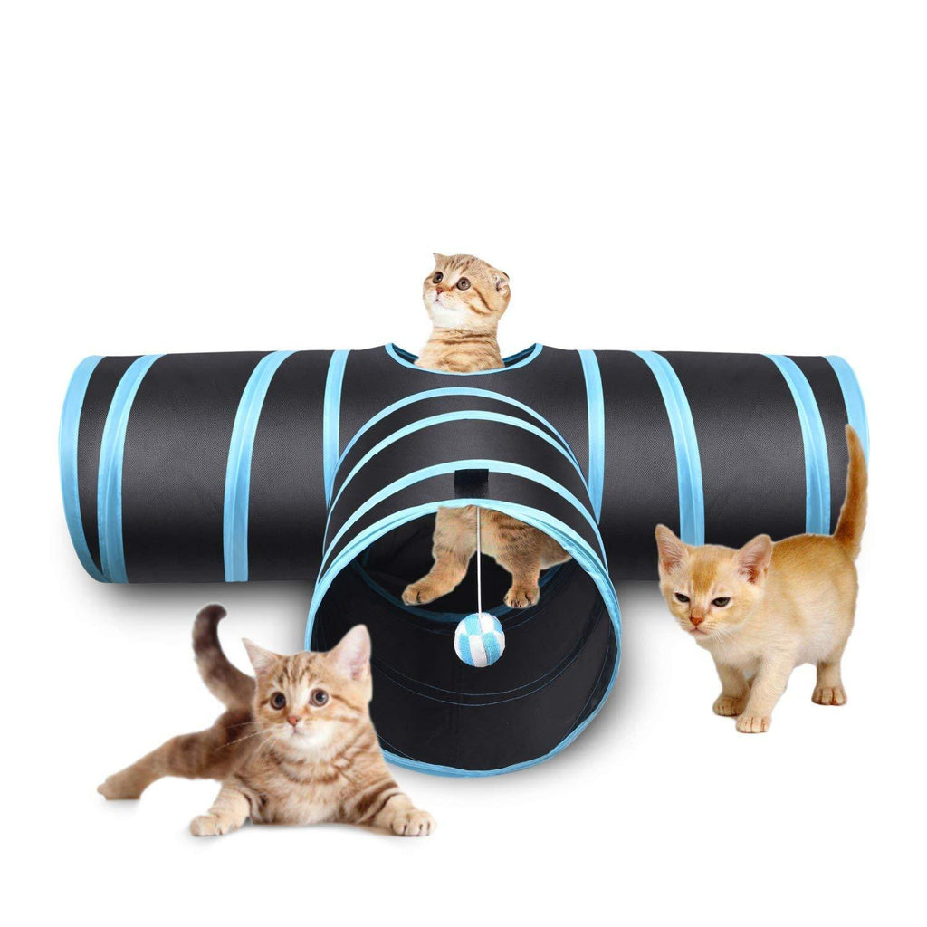 Creaker 3 Way Cat Tunnel, Collapsible Pet Toy Tunnel Ball Cat, Puppy, Kitty, Kitten, Rabbit Blue - PawsPlanet Australia