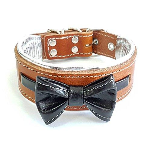 [Australia] - Bestia "Bowtie Dog Collar, Leather, Bulldog Deisgn, 2 inch Wide, Soft Padded, S or M Size, Handmade in Europe! S- fits a neck of 13.8 - 16.7 inch 