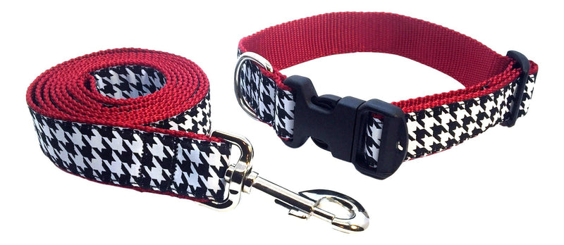[Australia] - Preston Houndstooth Dog Collar and Leash Set – Black and White Check Ribbon on Crimson Red Nylon Webbing Medium 