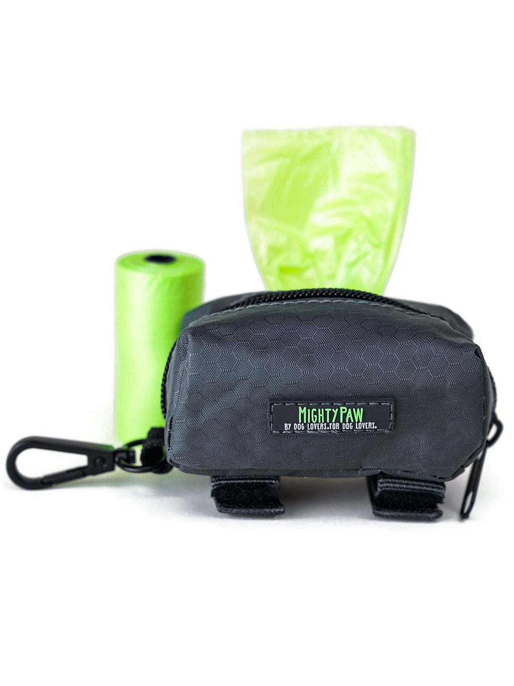 [Australia] - Mighty Paw Dog Poop Bag Holder, Premium Quality Pick-up Bag Zippered Pouch, Includes Carabiner Hook and 1 Roll of Pick-up Bags Grey/Green 