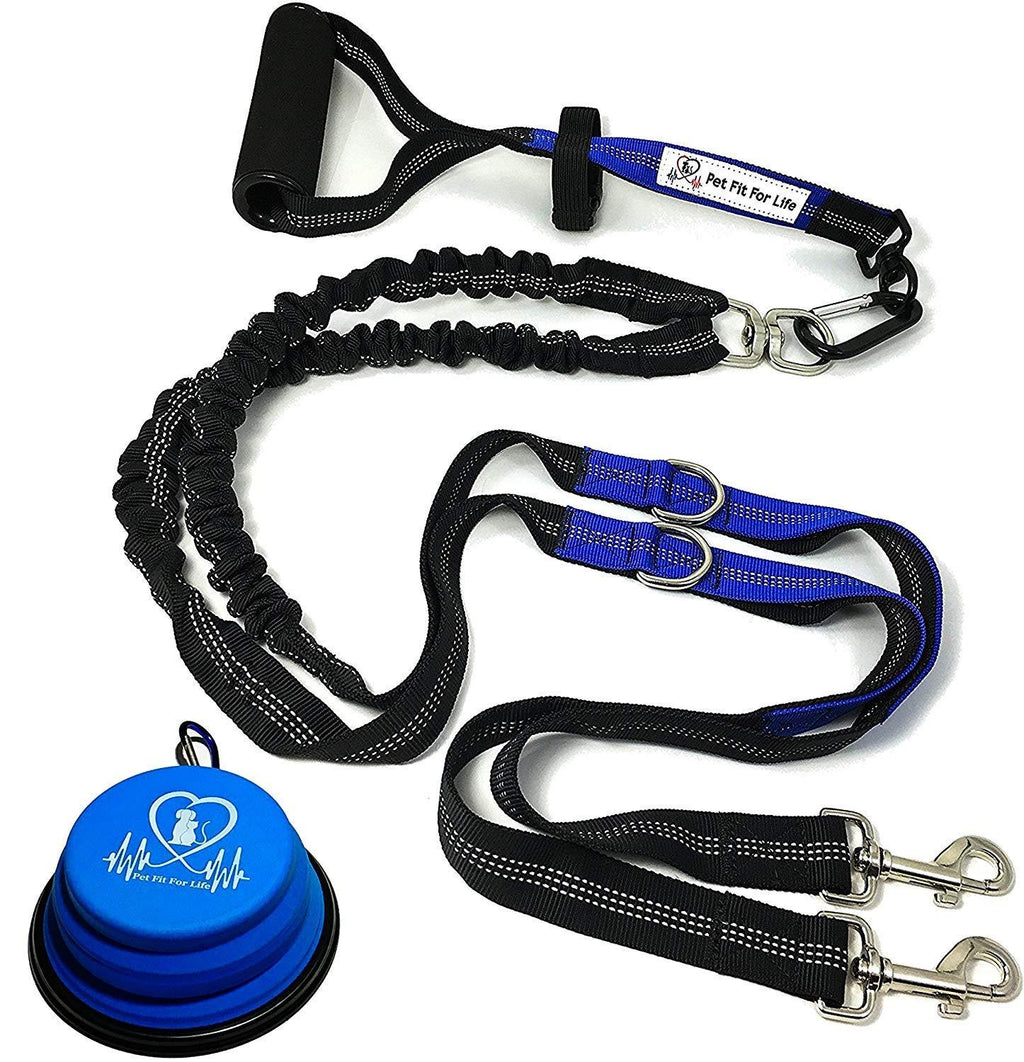 [Australia] - Pet Fit For Life Light Weight 64" Premium Dual Dog Leash with Comfortable Soft Grip Foam Rubber Handle and Integrated Shock Absorbing Bungee + Bonus Water Bowl Large 