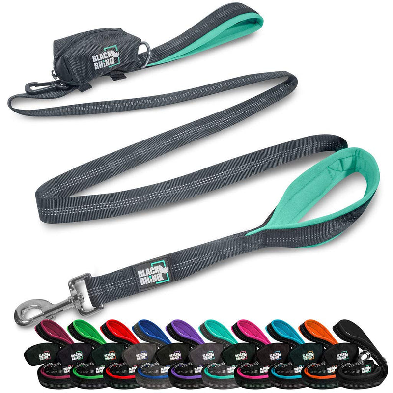 Black Rhino Dog Leash - Heavy Duty - Medium & Large Dogs | 6ft Long Leashes | Two Traffic Padded Comfort Handles for Safety Control Training - Double Handle Reflective Lead Aqua - PawsPlanet Australia