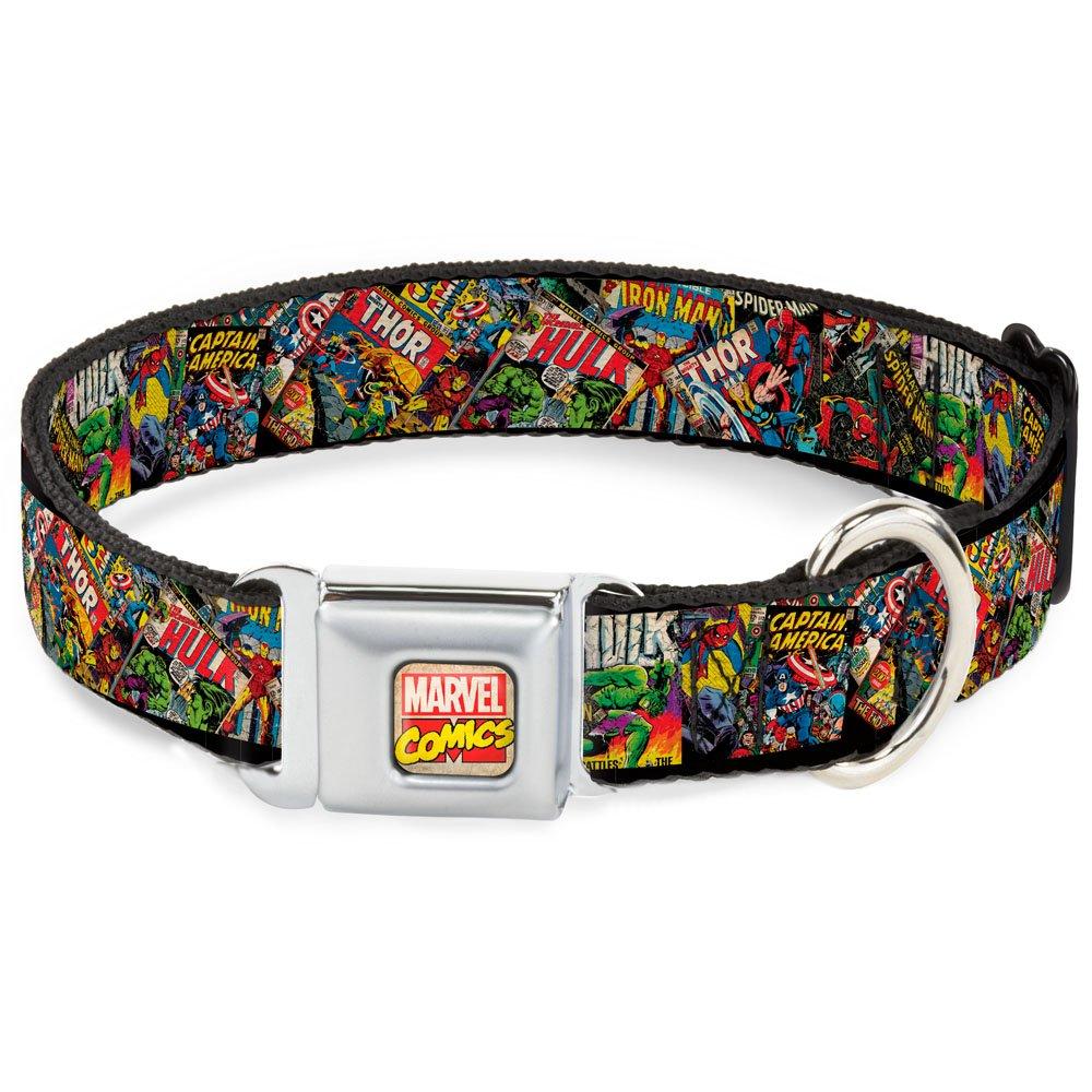 [Australia] - Buckle-Down Seatbelt Buckle Dog Collar - Retro Marvel Comic Books Stacked CLOSE-UP - 1" Wide - Fits 9-15" Neck - Small 