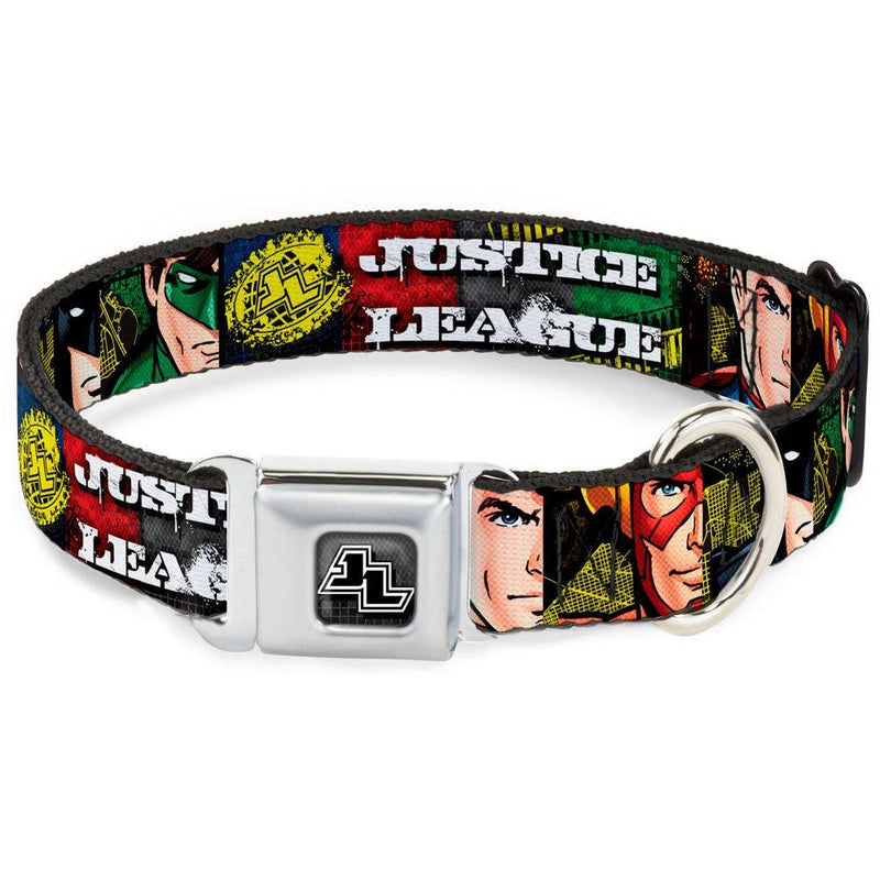 [Australia] - Buckle-Down Seatbelt Buckle Dog Collar - JUSTICE LEAGUE Logo/4-Superhero Panels Pop Art - 1" Wide - Fits 15-26" Neck - Large 