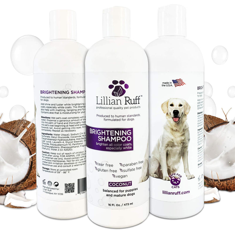 [Australia] - Lillian Ruff Brightening & Whitening Shampoo For Dogs – Safe for Cats - Tear Free Coconut Scent With Aloe For Normal, Dry & Sensitive Skin – Adds Shine & Luster to All Color Coats 16 Ounce 