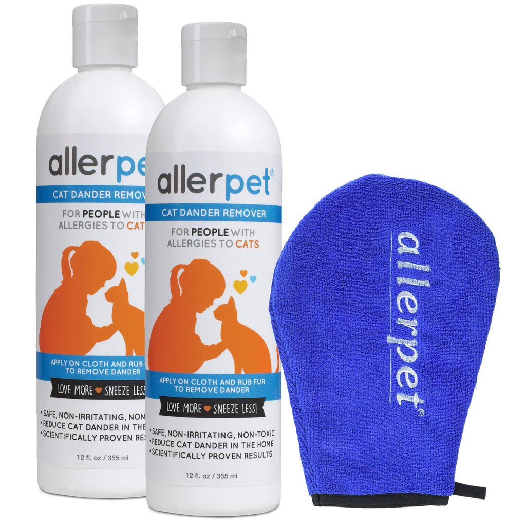 Allerpet Cat Dander Remover - 100% Non Toxic Pet Allergen Reducer - Scientifically Proven for Effective Cat Allergy Relief - Proudly USA Made (12oz) 2 Pack w/ Applicator Mitt - PawsPlanet Australia