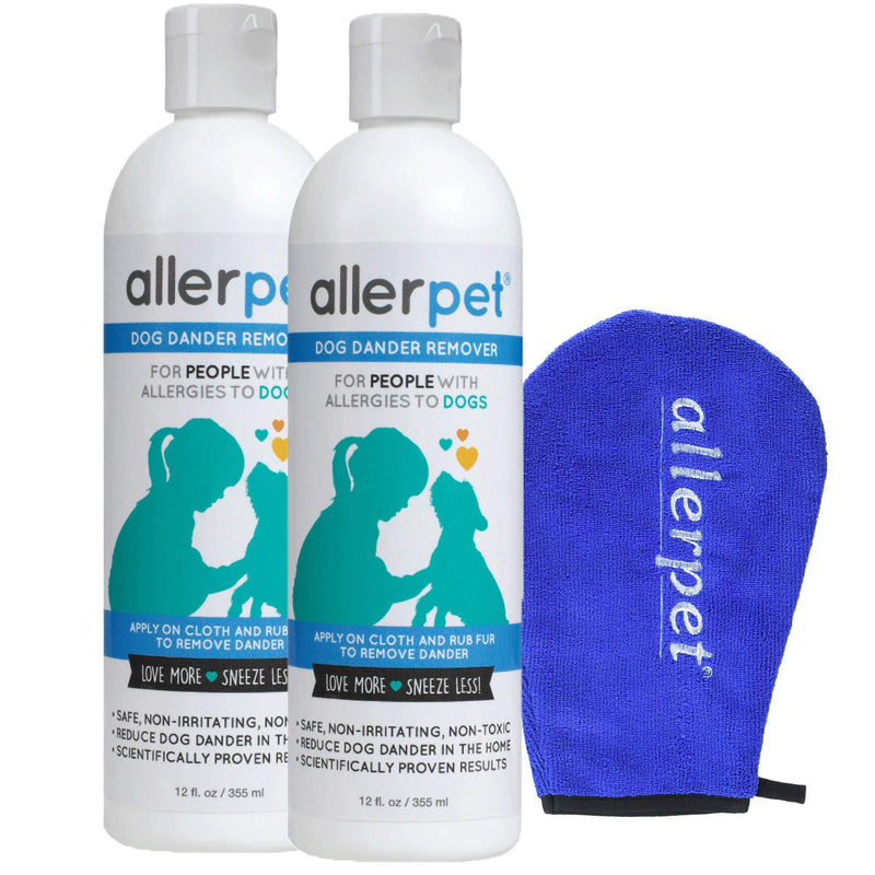[Australia] - Allerpet Dog Dander Remover, 12oz Bottle + Bonus Pet Mitt Applicator to Easily Apply Solution to Your Pet - Scientifically Proven for Effective Dog Allergy Relief - Proudly USA Made 2 Pack w/ Applicator Mitt 