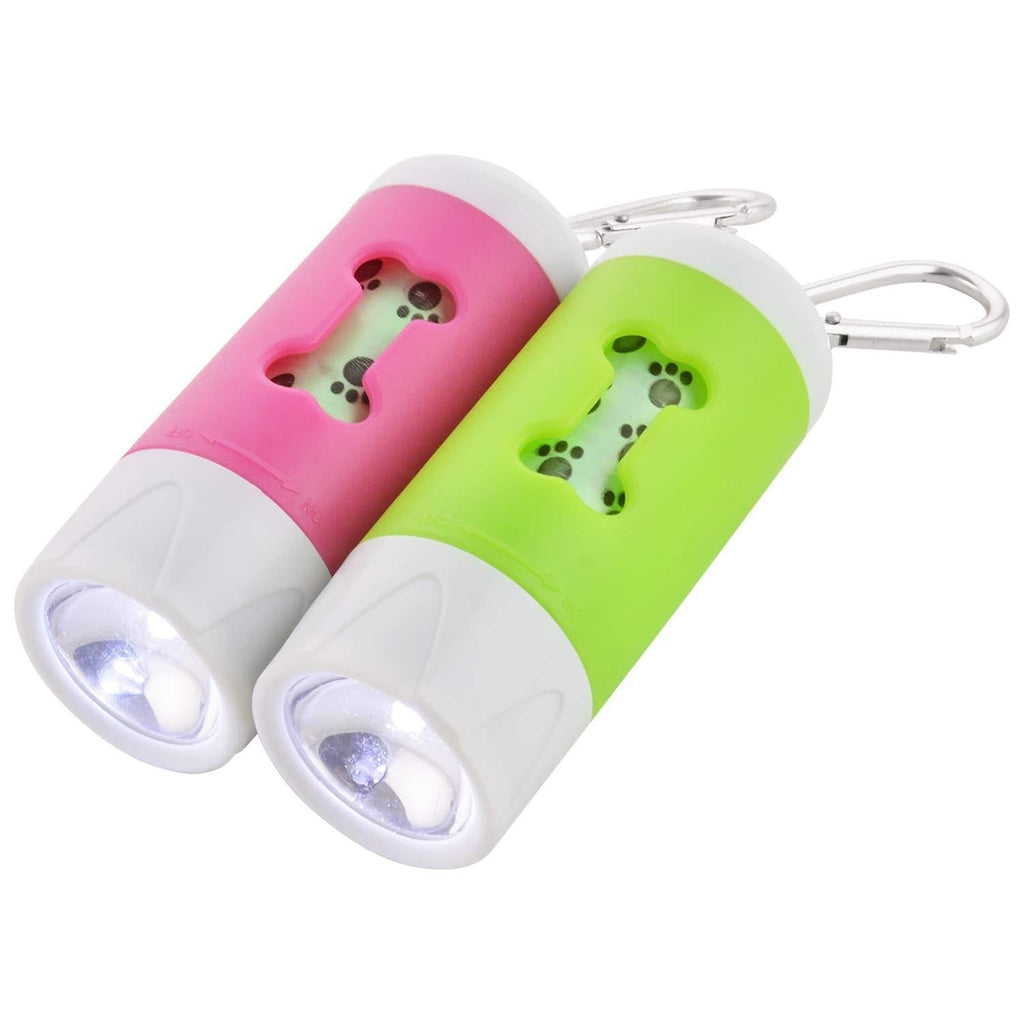 [Australia] - Guardians LED Flashlight Dog Waste Bag Dispenser Holder with Pet Waste Bag Poop Roll Bags (2 Packs) Pink+Green 