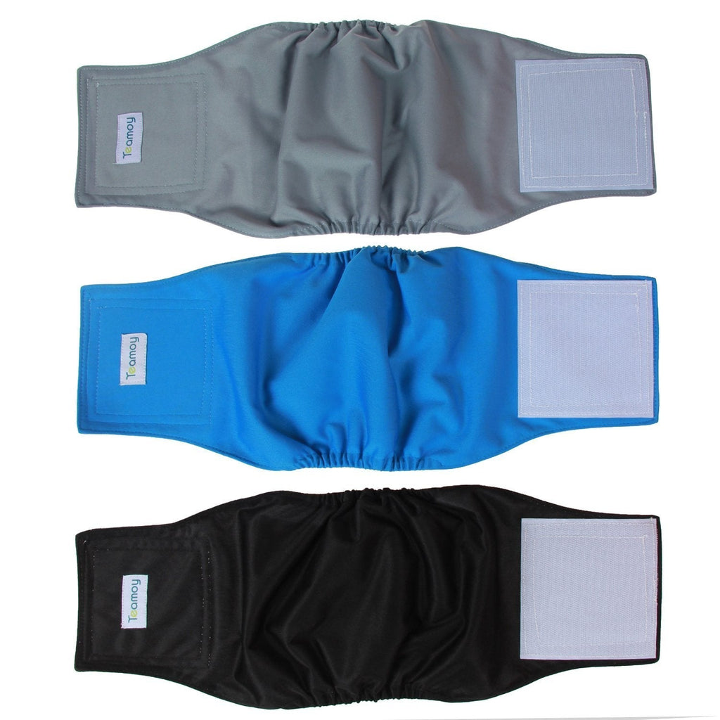 [Australia] - Teamoy Reusable Wrap Diapers for Male Dogs, Washable Puppy Belly Band M(13"-16"Waist) Black+ Gray+ Lake Blue 