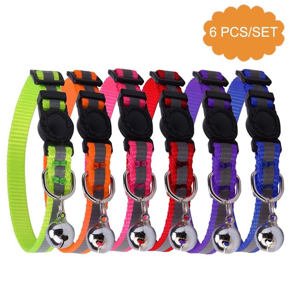 [Australia] - KOOLTAIL 6 PCS Safety Reflective Cat Collar Breakaway Cats Collars with Bell, Adjustable 8-10" 