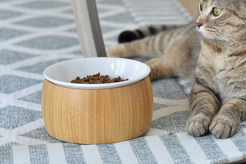 [Australia] - TigerLi Raised Cat Bowl 6" with Nature Bamboo Stand, Beautiful and Functional Design Pet Feeder Ceramic 