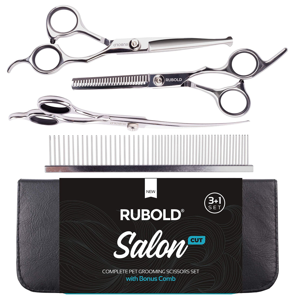 RUBOLD Professional Dog Grooming Scissors Set - Stainless Steel Rounded Tip Sharp Durable Shears with Pet Grooming Comb in Kit - Best Tools for Trimming Every Dog and Cat Salon Cut 3+1 - PawsPlanet Australia