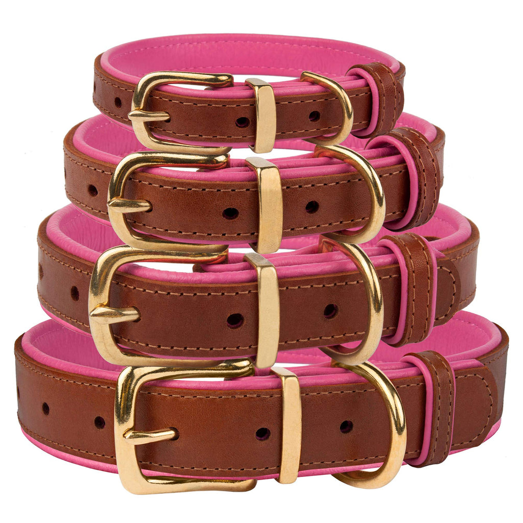 [Australia] - CollarDirect Leather Dog Collar Brass Buckle Soft Padded Puppy Small Medium Large Red Pink Blue Green Orange Purple Yellow Neck Fit 15"-17" 