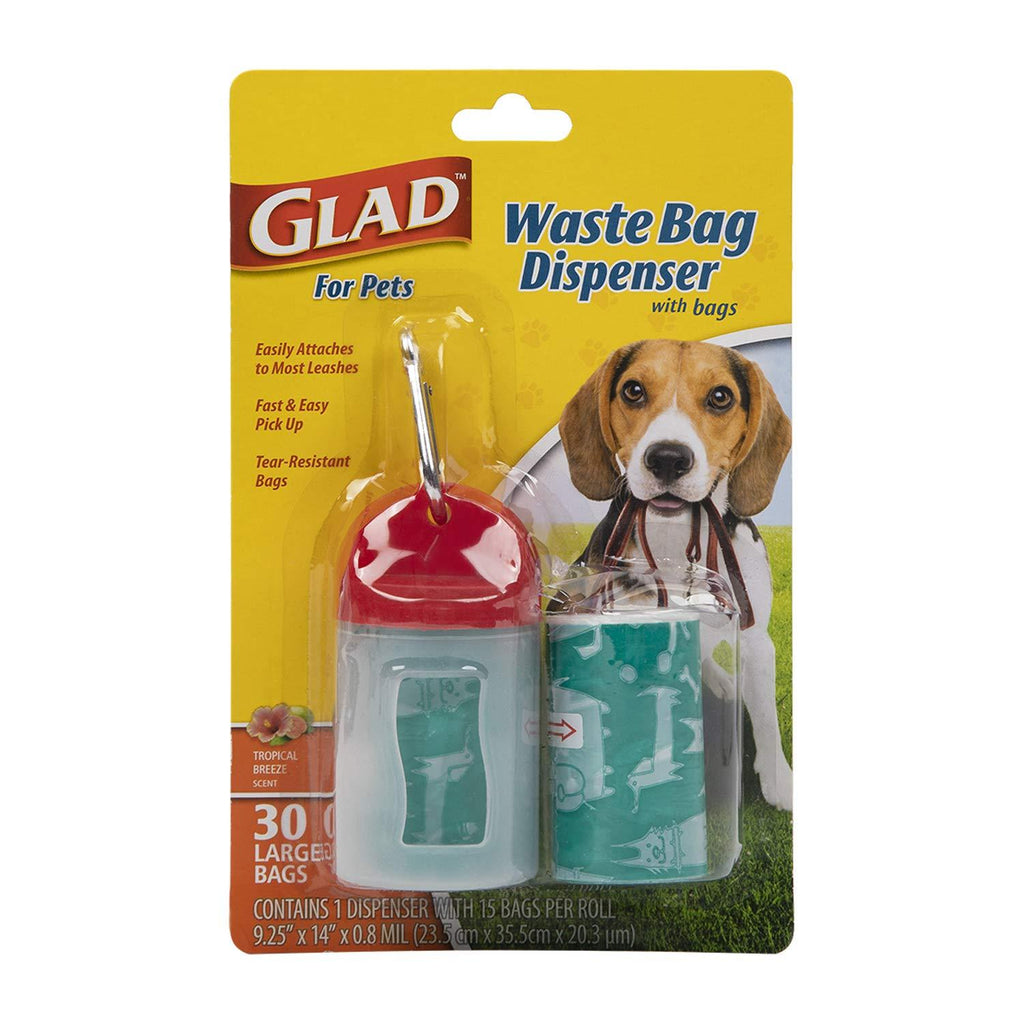 Glad for Pets Dog Waste Bags and Dog Poop Bag Dispenser, Scented and Unscented - Large Heavy Duty Pet Waste Bags, 15 Bags Per Roll - Poop Bags for Dogs, Waste Bags for Dogs, Dog Bags for Poop 30 Count Tropical Breeze - With Dispenser - PawsPlanet Australia