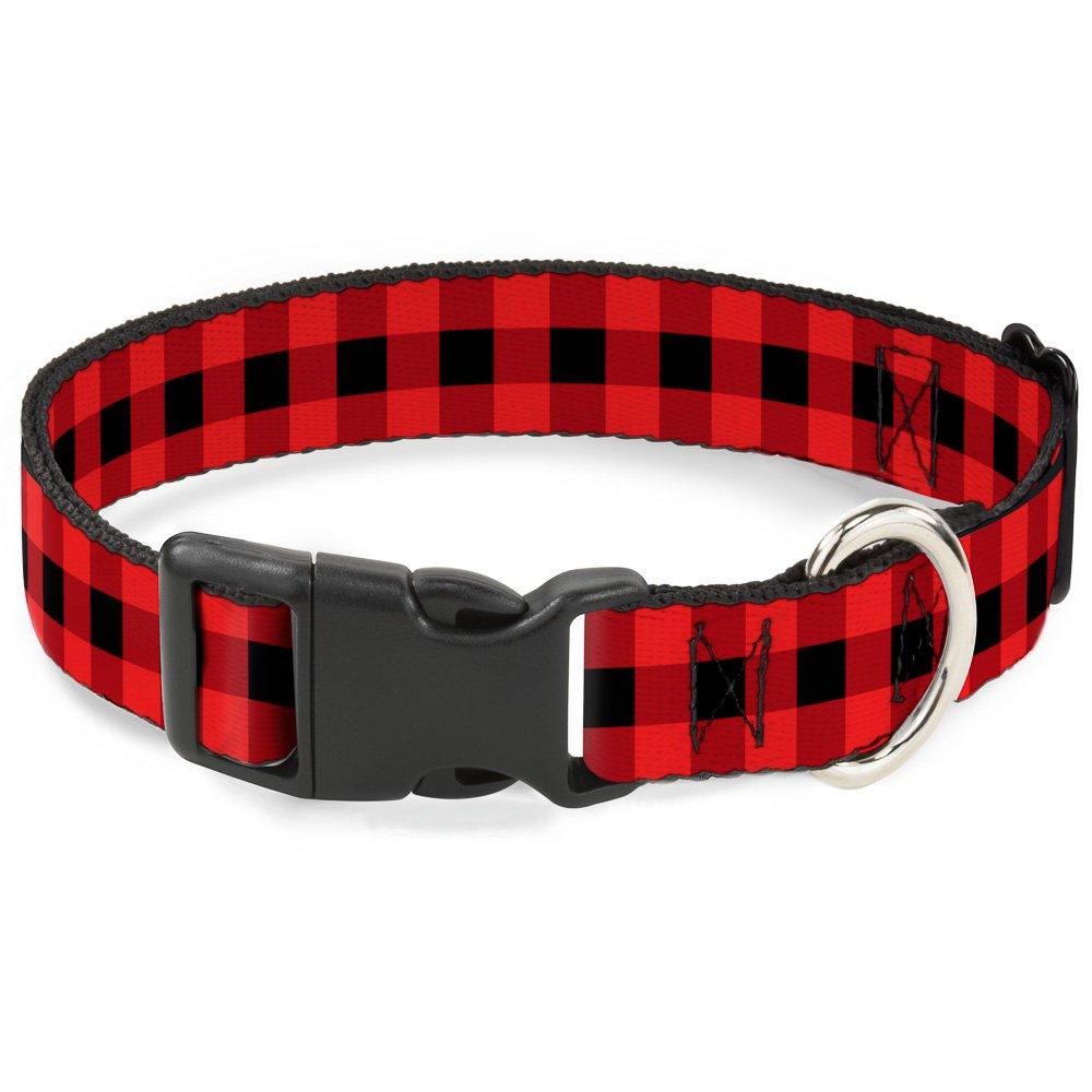 [Australia] - Buckle-Down Plastic Clip Collar - Buffalo Plaid Black/Red - 1" Wide - Fits 15-26" Neck - Large 