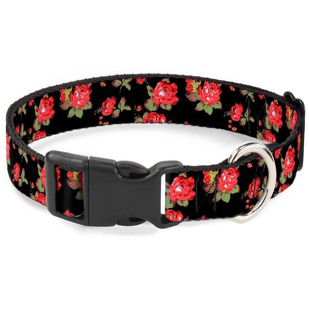 [Australia] - Buckle-Down Dog Collar Plastic Clip Red Roses Scattered Black Available in Adjustable Sizes for Small Medium Large Dogs 1" Wide - Fits 11-17" Neck - Medium 