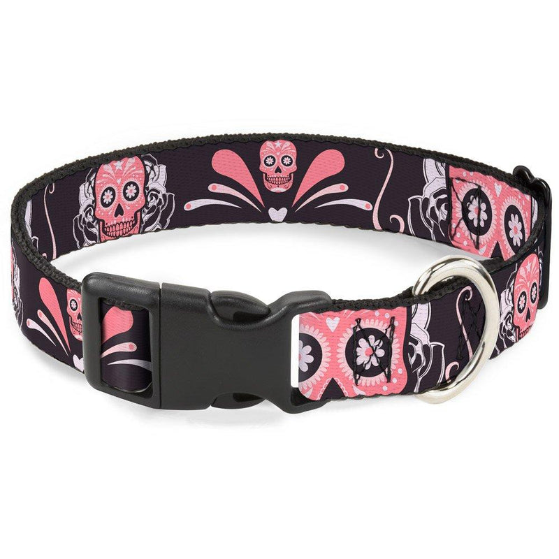 [Australia] - Buckle-Down Dog Collar Plastic Clip Sugar Skulls Gray Pink Available in Adjustable Sizes for Small Medium Large Dogs 1/2" Wide - Fits 8-12" Neck - Medium 